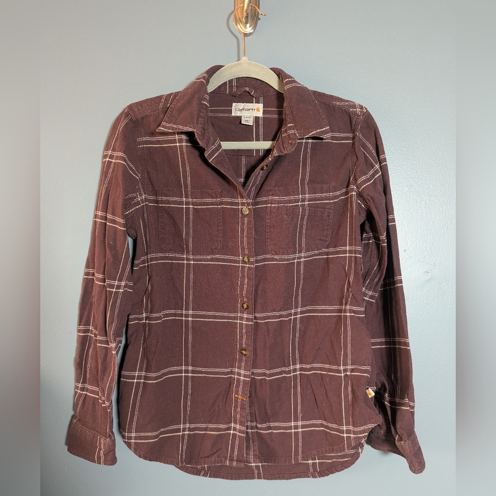 Carhartt Purple Plaid Flannel Long Sleeves Button Up Women's Size Small